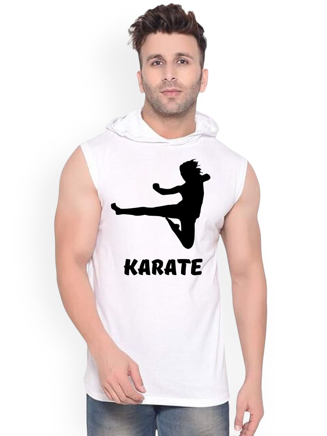 Fashnobic Karate Printed Hooded Gym Vest - K__Print-163_gym_vest White M-picture-17