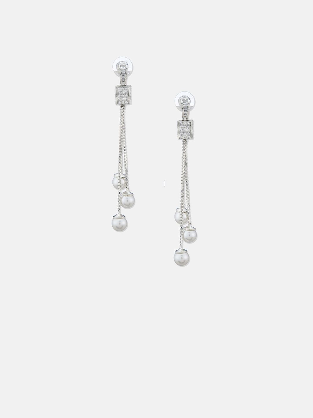 ATIBELLE Set Of 2 Silver-Plated Cubic Zirconia Studded Square Shaped Drop Earrings