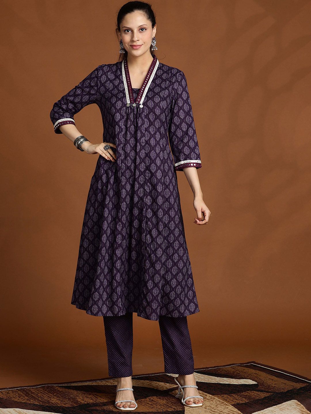 Anouk Floral Printed Pleated V-Neck Pure Cotton A-Line Kurta With Trousers