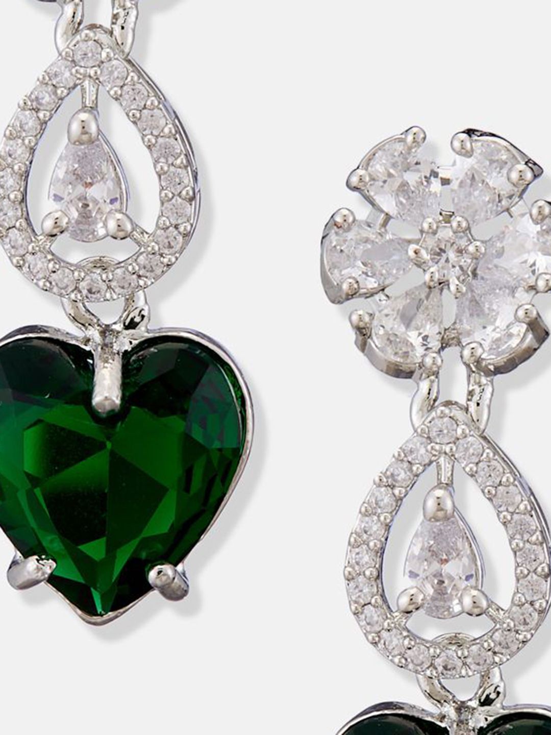 ATIBELLE Set Of 2 Silver-Plated Cubic Zirconia Studded Heart Shaped Drop Earrings