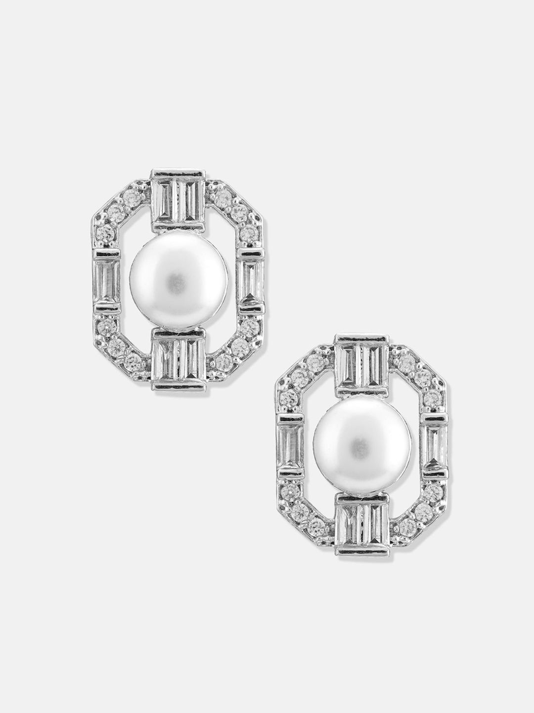 ATIBELLE Set Of 2 Silver-Plated Cubic Zirconia Studded & Pearls Beaded Geometric Studs