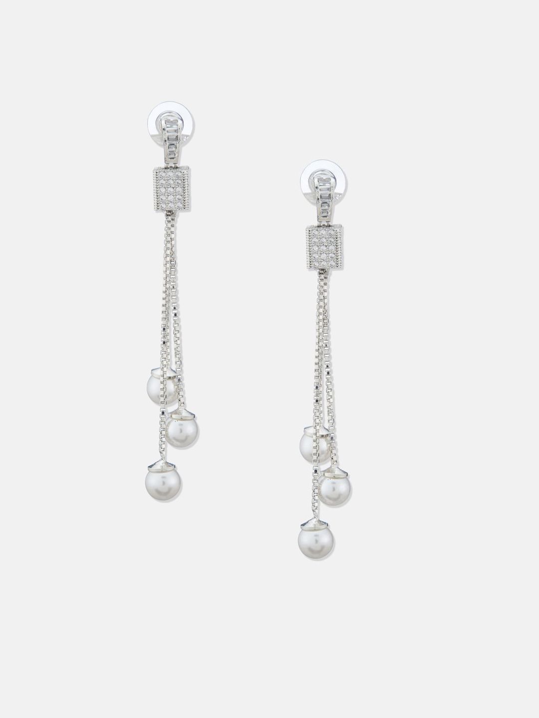 ATIBELLE Set Of 2 Silver-Plated Cubic Zirconia Studded Square Shaped Drop Earrings
