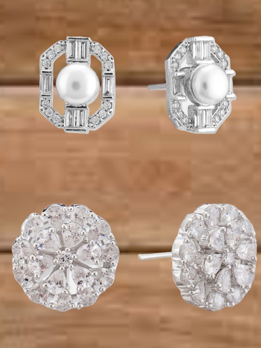ATIBELLE Set Of 2 Silver-Plated Cubic Zirconia Studded & Pearls Beaded Geometric Studs