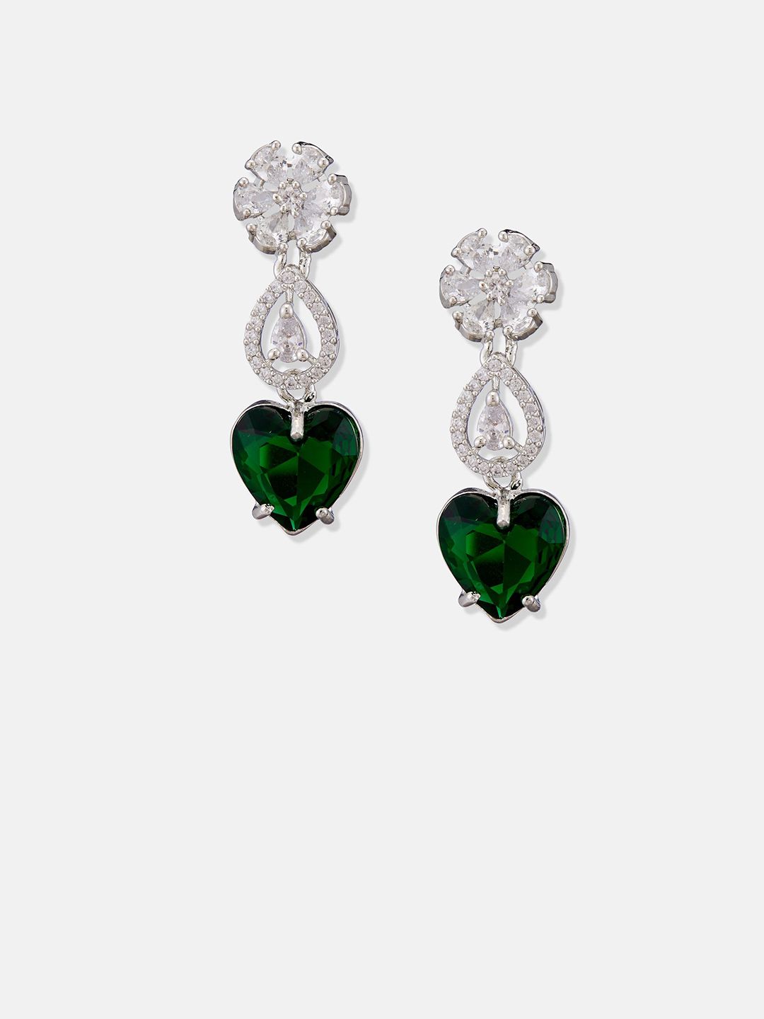 ATIBELLE Set Of 2 Silver-Plated Cubic Zirconia Studded Heart Shaped Drop Earrings