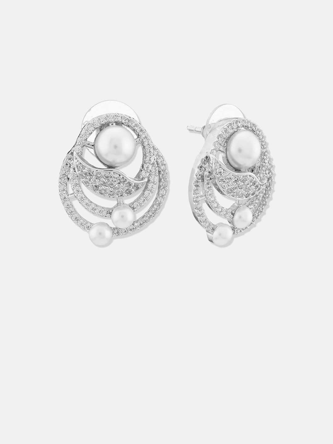 ATIBELLE Set Of 2 Silver-Plated Cubic Zirconia Studded & Pearls Beaded Floral Shaped Studs