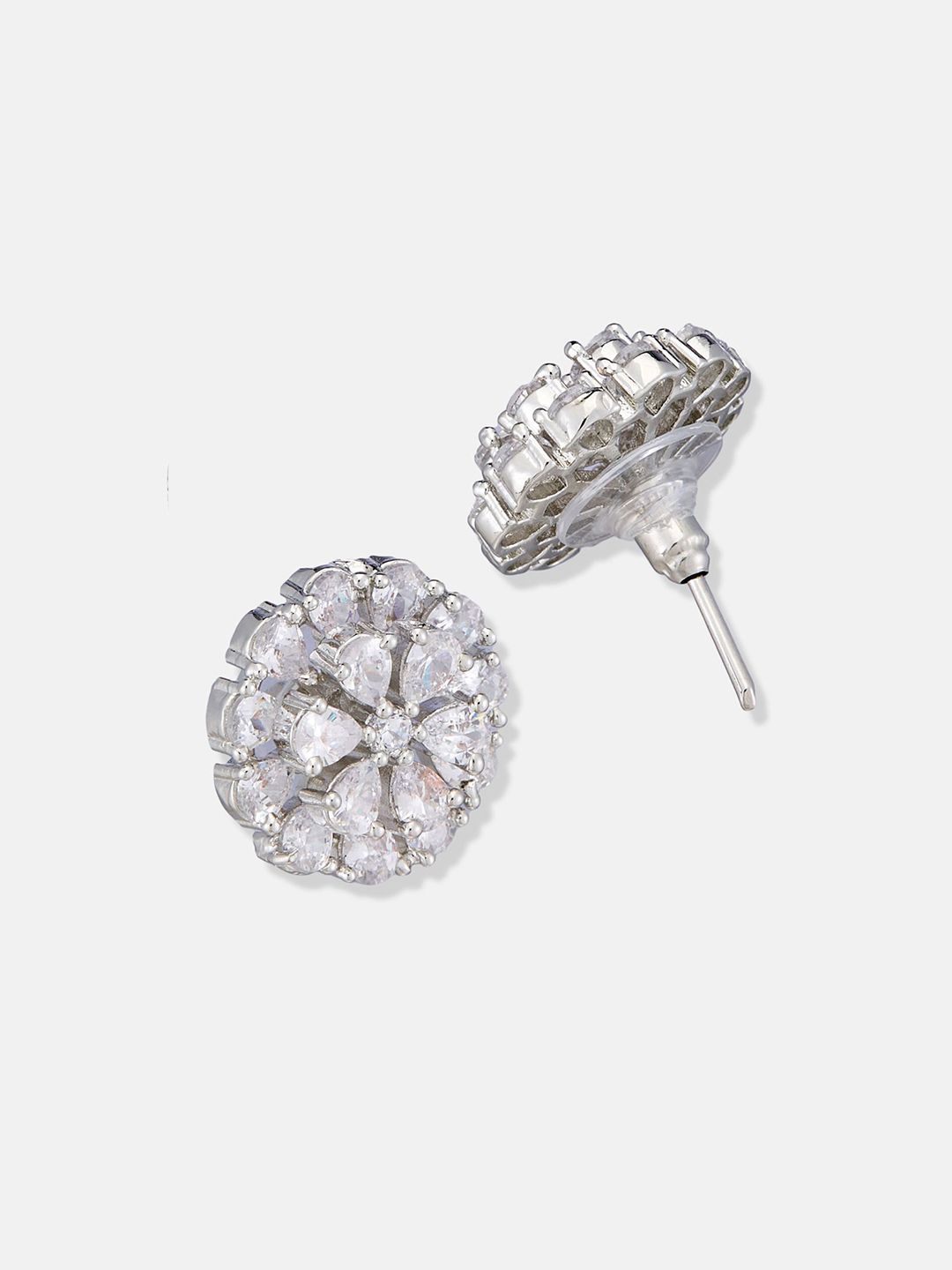 ATIBELLE Set Of 2 Silver-Plated Cubic Zirconia Studded & Pearls Beaded Floral Shaped Studs