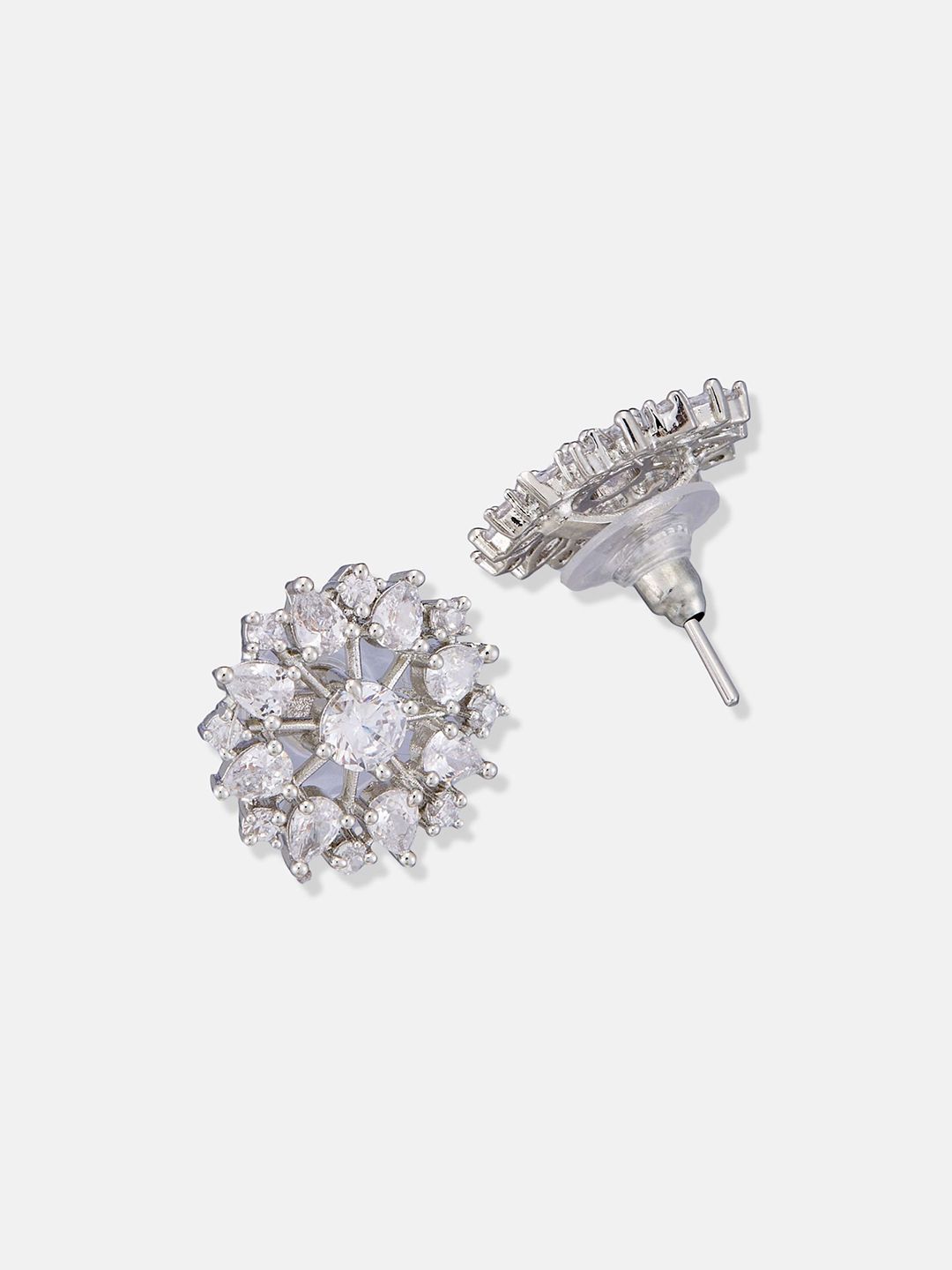ATIBELLE Set Of 2 Silver-Plated Cubic Zirconia Studded Floral Shaped Studs