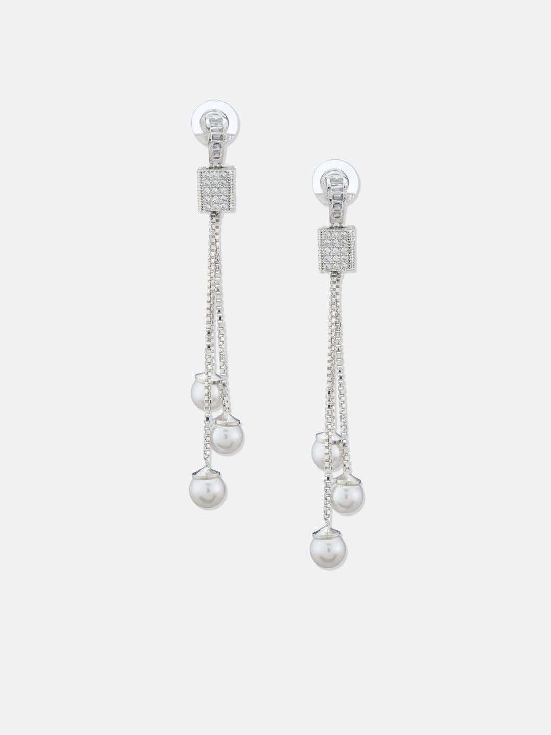 ATIBELLE Set Of 2 Silver-Plated Cubic Zirconia Studded Square Shaped Drop Earrings