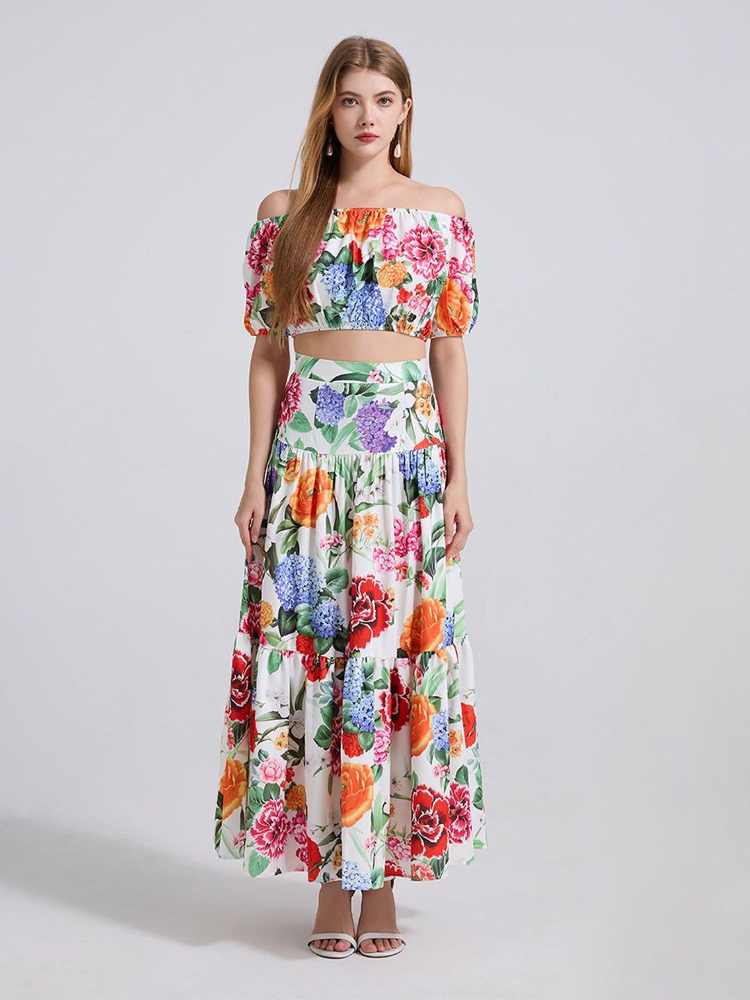 JC Collection Floral Printed Off-Shoulder Neck Top With Skirt Co-Ords-picture-10