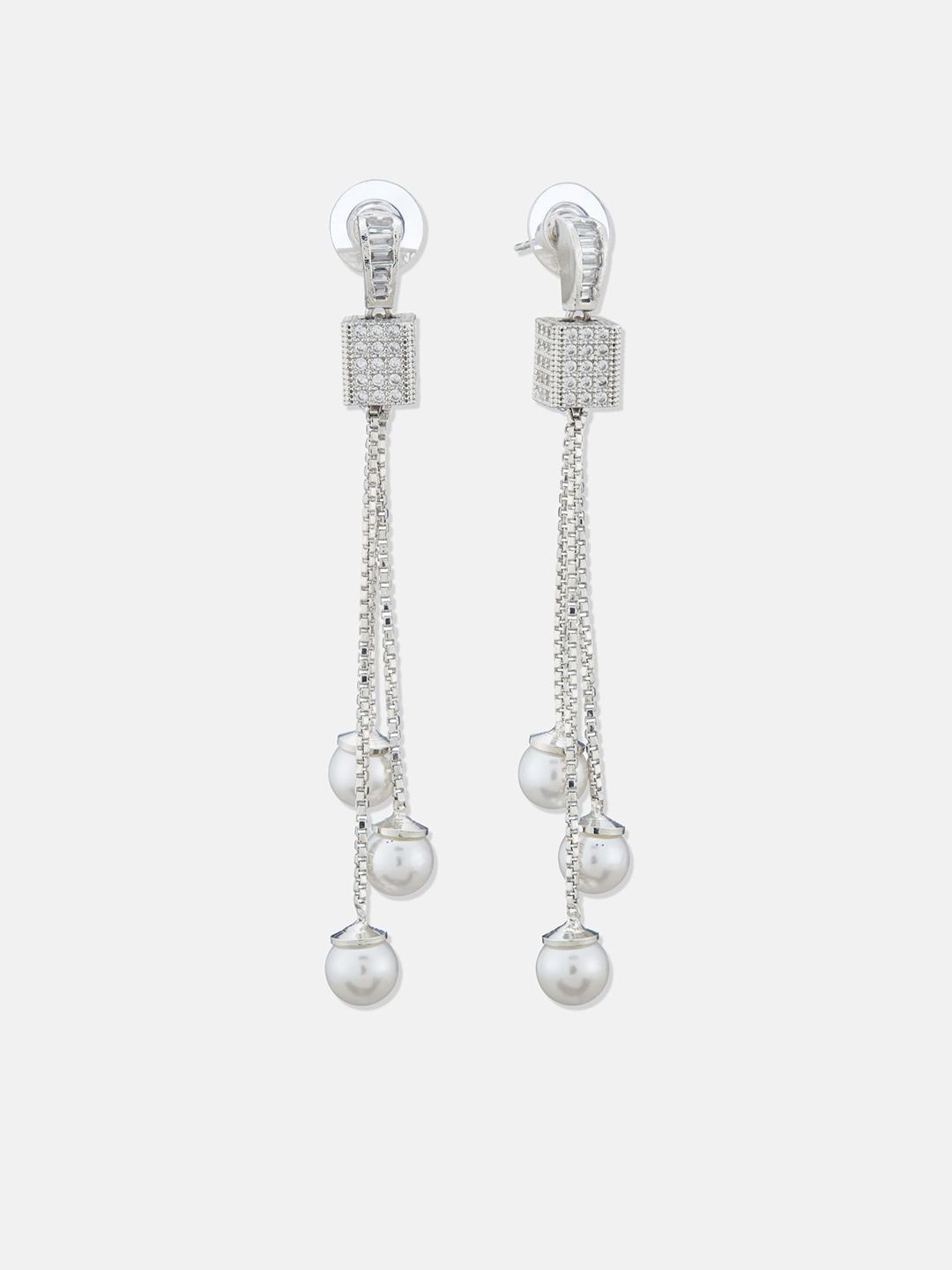 ATIBELLE Set Of 2 Silver-Plated Cubic Zirconia Studded Square Shaped Drop Earrings