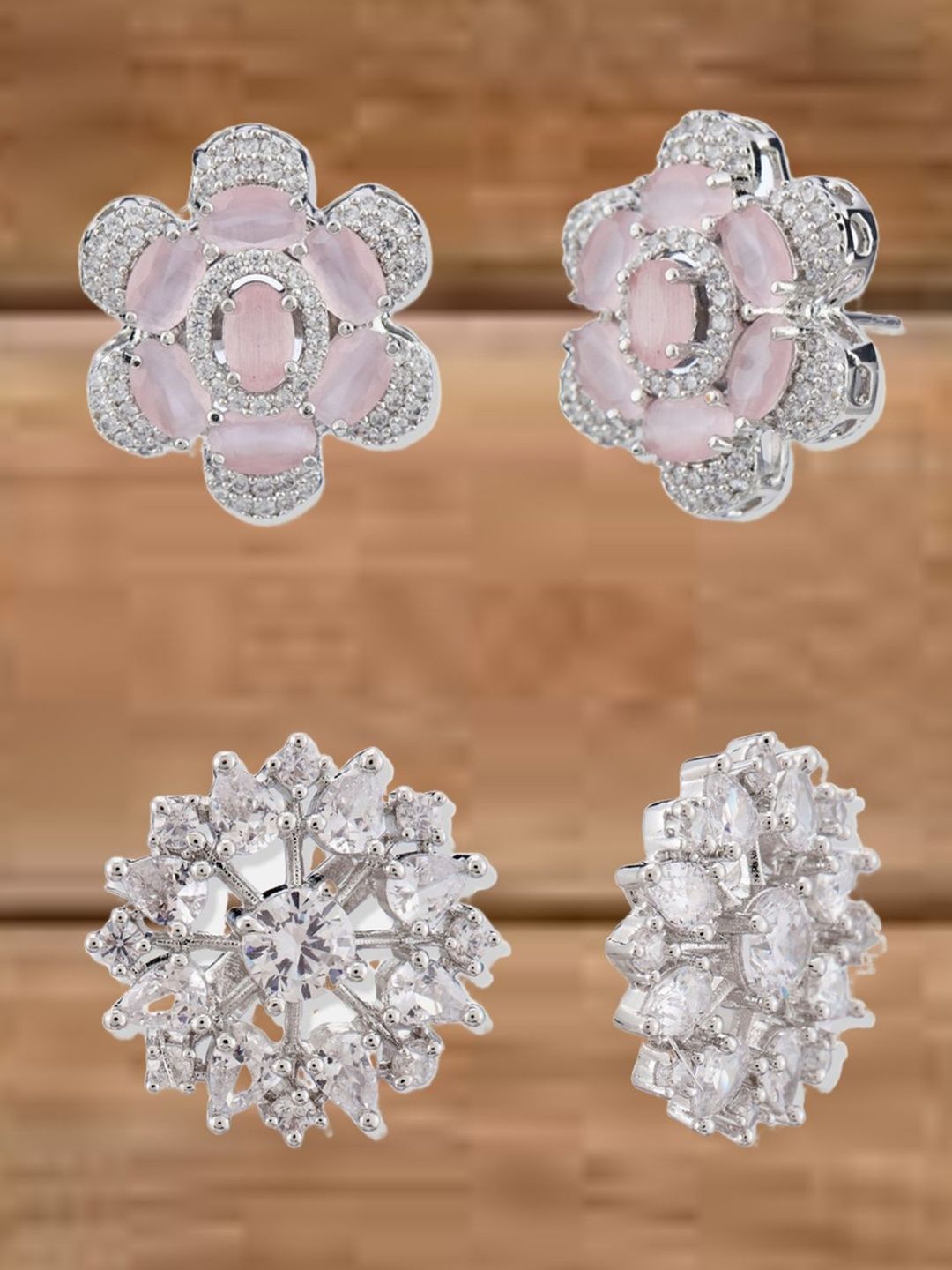 ATIBELLE Set Of 2 Silver-Plated Cubic Zirconia Studded Floral Shaped Studs