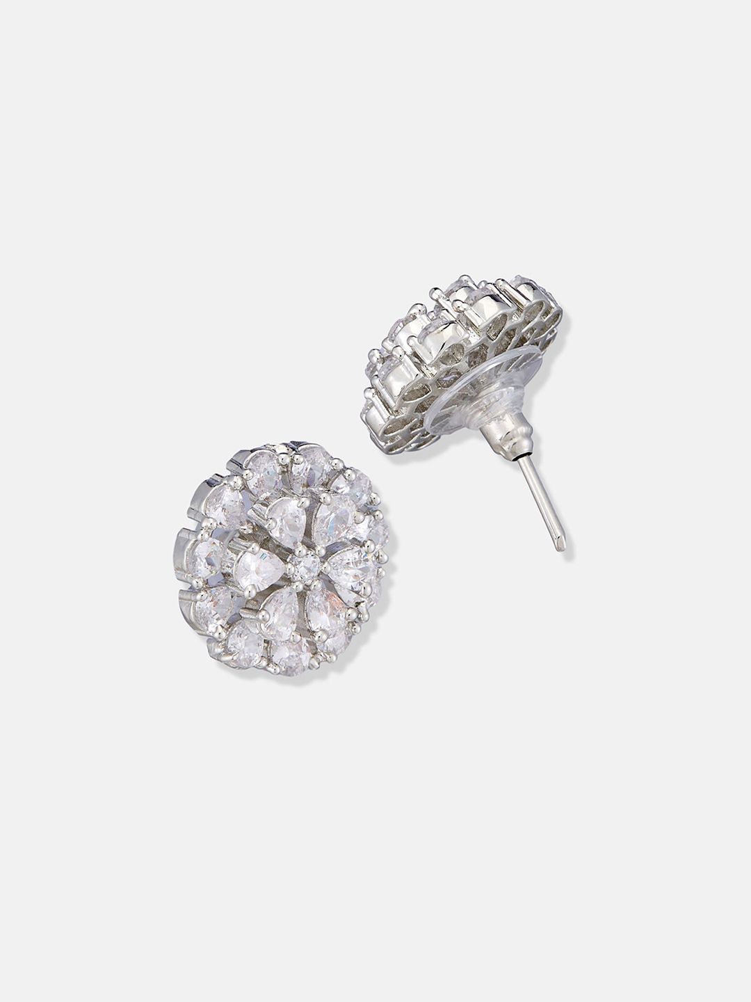 ATIBELLE Set Of 2 Silver-Plated Cubic Zirconia Studded Floral Shaped Studs