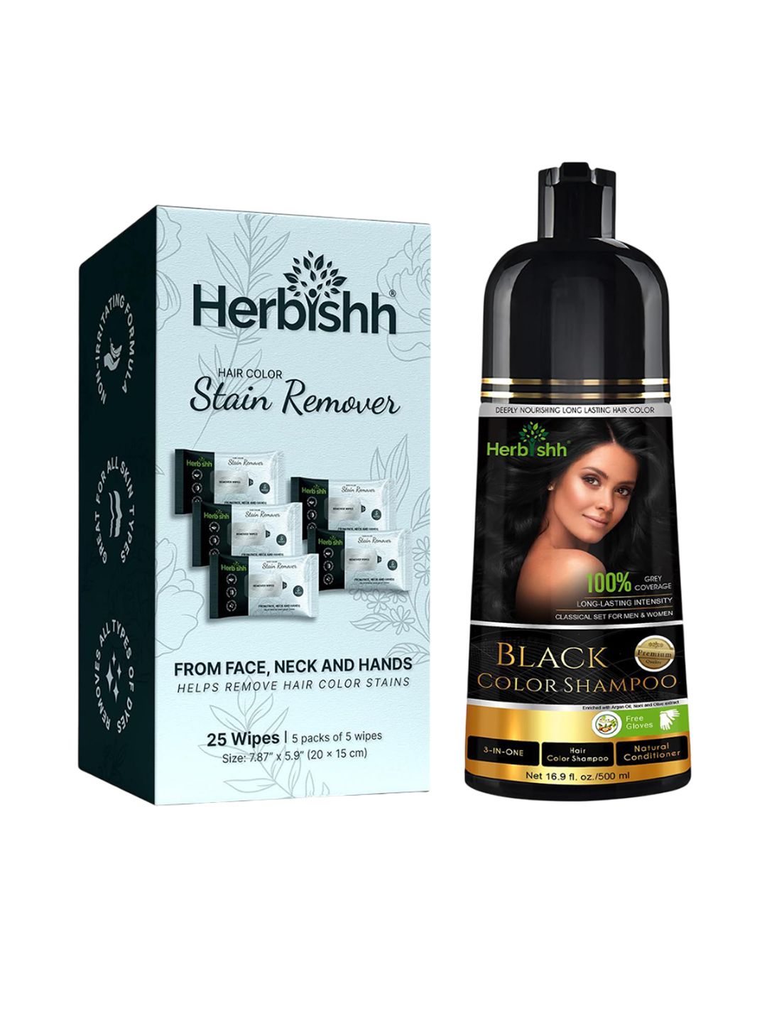 Herbishh Set Of 2 Hair Color Shampoo 500 ml Black & Dye Stain Remover 5Pcs-image-15