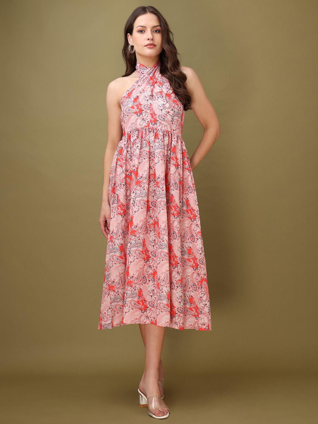 OBSHIVKA Paisley Print Halter Neck Smocked Fit & Flare Maxi Dress-image-4