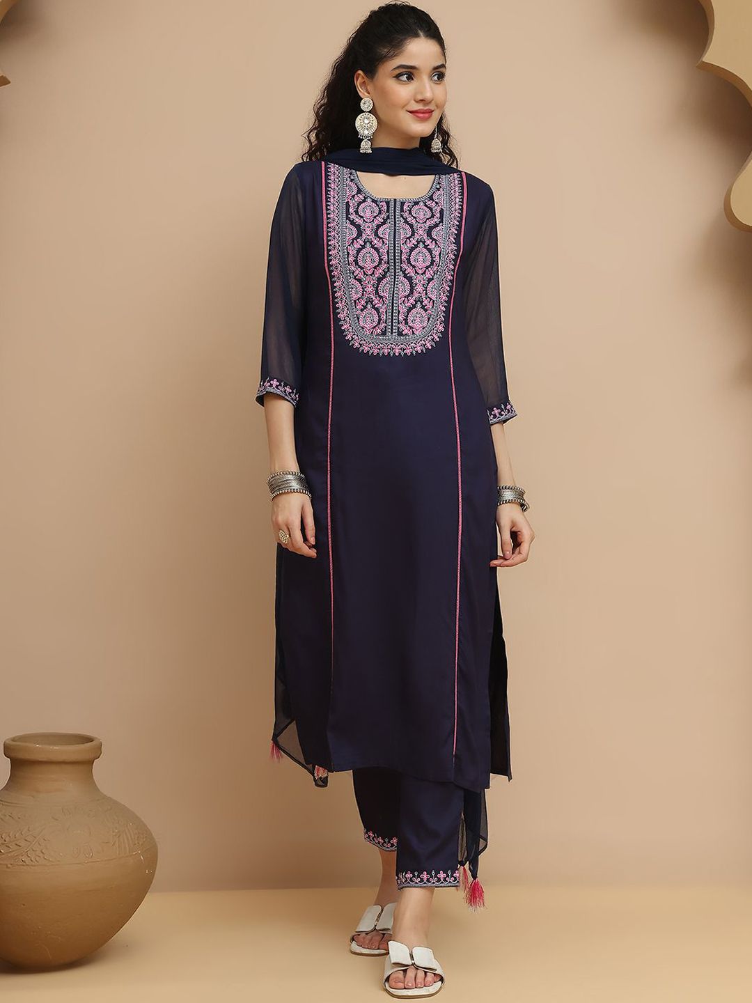 Tulsattva Floral Yoke Design Thread Work Straight Kurta With Trousers & Dupatta
