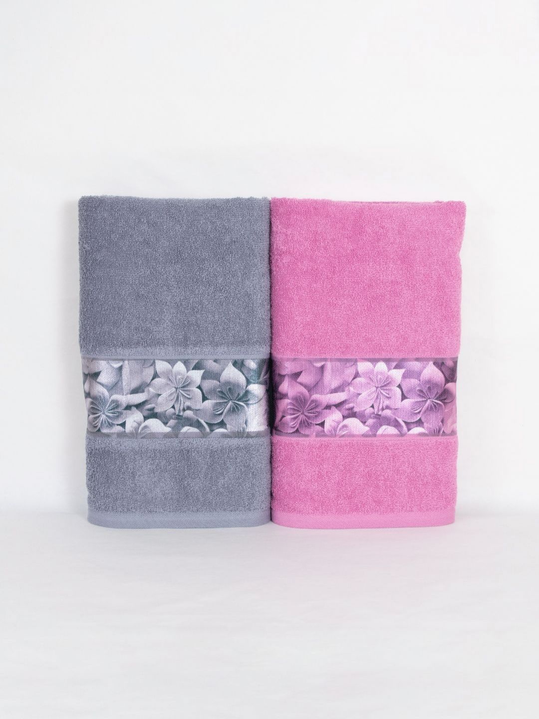 Myntra Elegant Homes Grey & Pink 2 Pieces Printed Cotton 450 GSM Bath Towels-picture-29