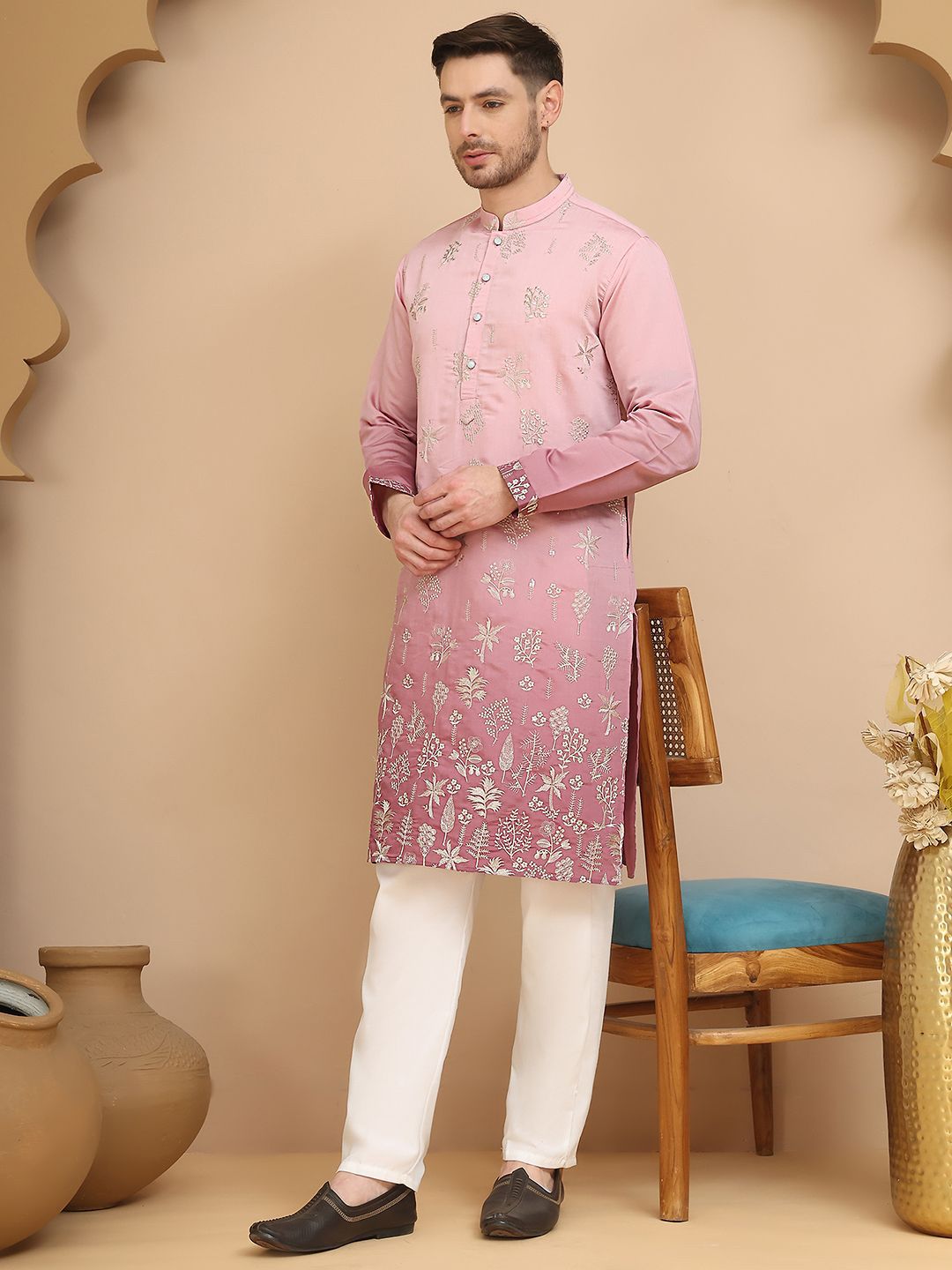 Jompers Men Floral Embroidered Regular Thread Work Kurta with Pyjamas Kurta Sets-picture-14