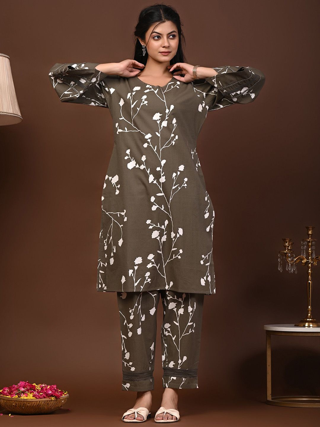 Rimeline Floral Printed V-Neck Flared Sleeves Pure Cotton Straight Kurta With Trouser-picture-28