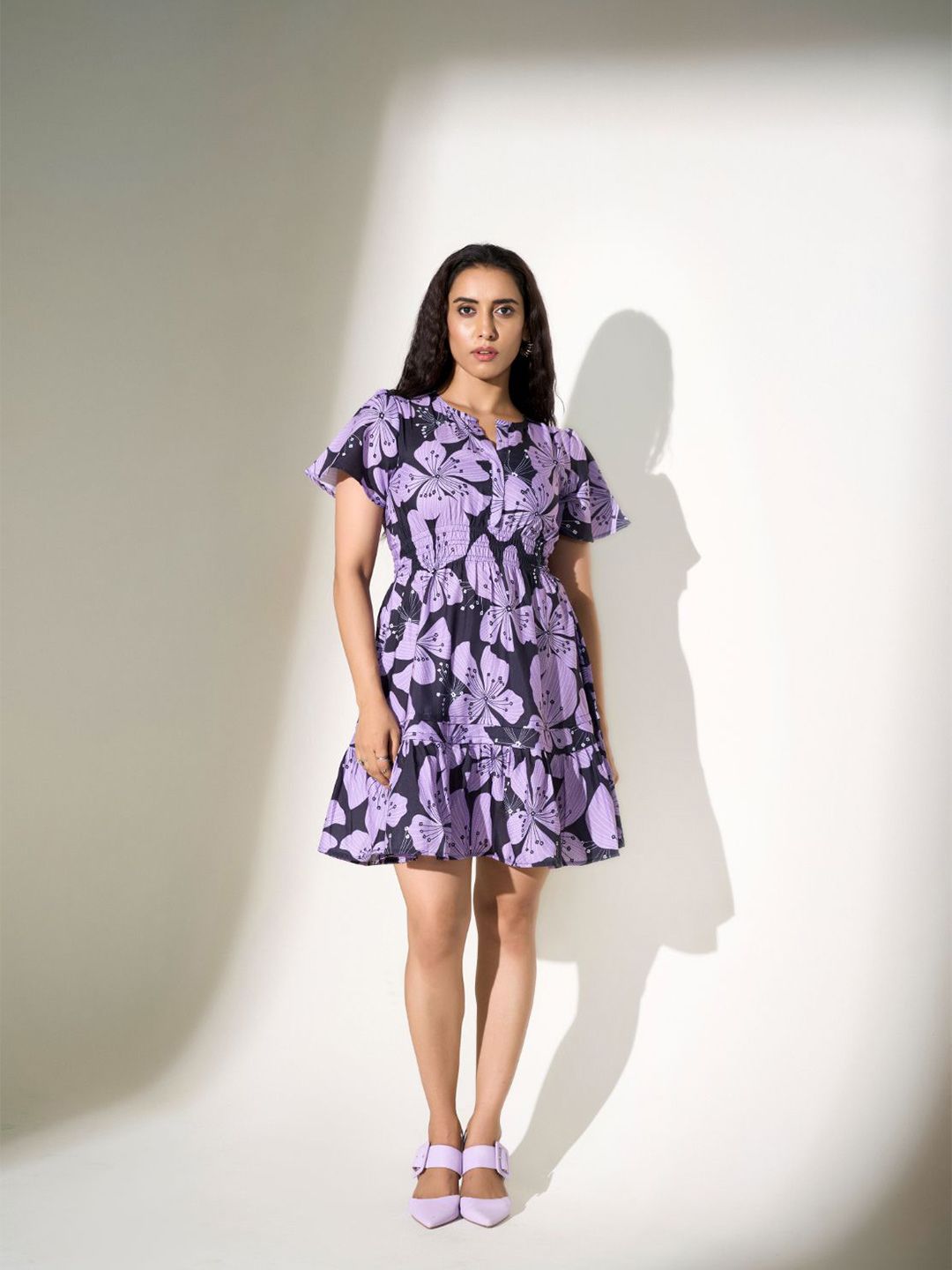 DressBerry Women Floral Print Flutter Sleeve Fit & Flare Dress-picture-13