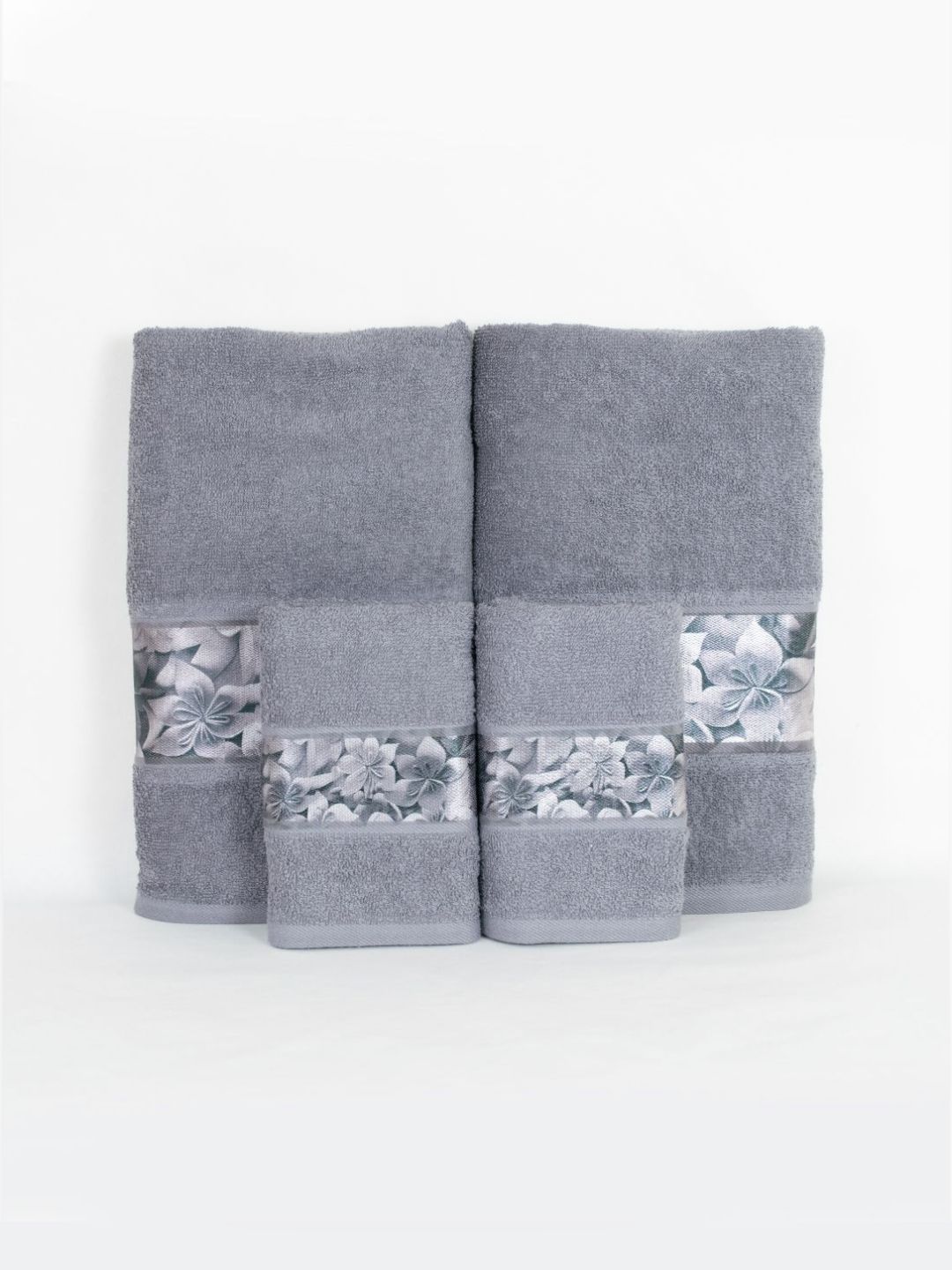 Myntra Elegant Homes Grey & White 4 Piece Printed Cotton 450 GSM Towel Set-picture-16