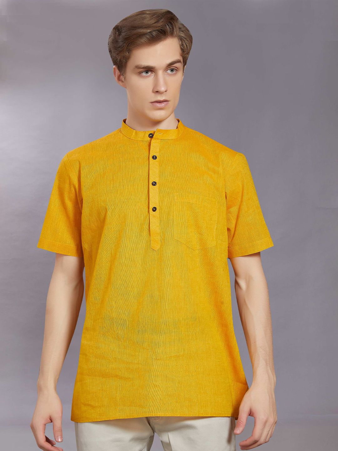 PulseIQ Men Mandarin Collar Half Sleeves Ethnic Casual Short Cotton Kurta-picture-21