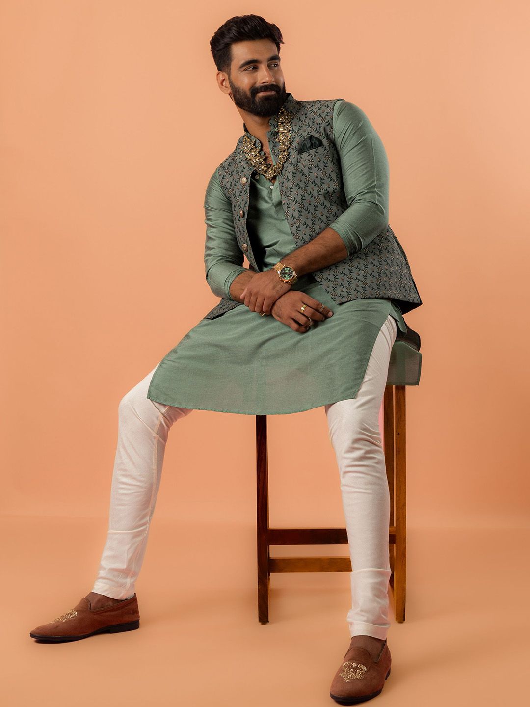 KISAH Mandarin Collar Woven Design Nehru Jacket