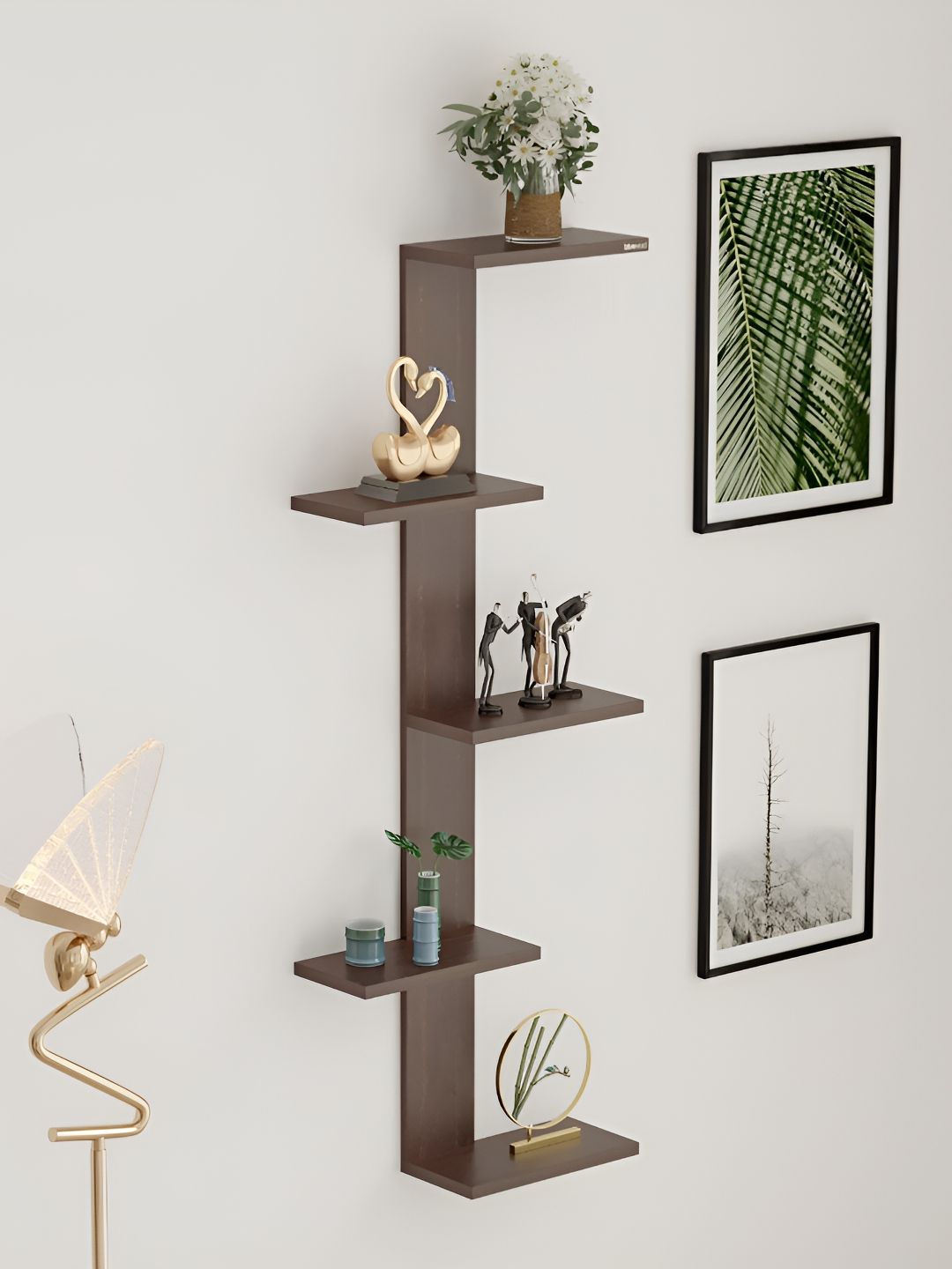 bluewud Brown Alaire Floating Wooden Wall Shelf Display Rack