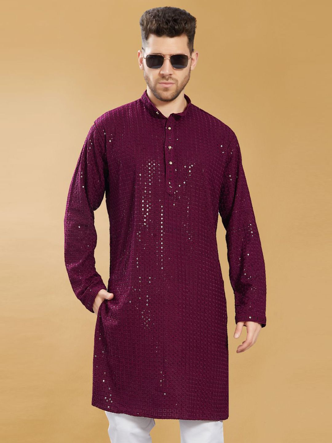 PulseIQ Men Geometric Embroidered Thread Work Kurta-picture-34