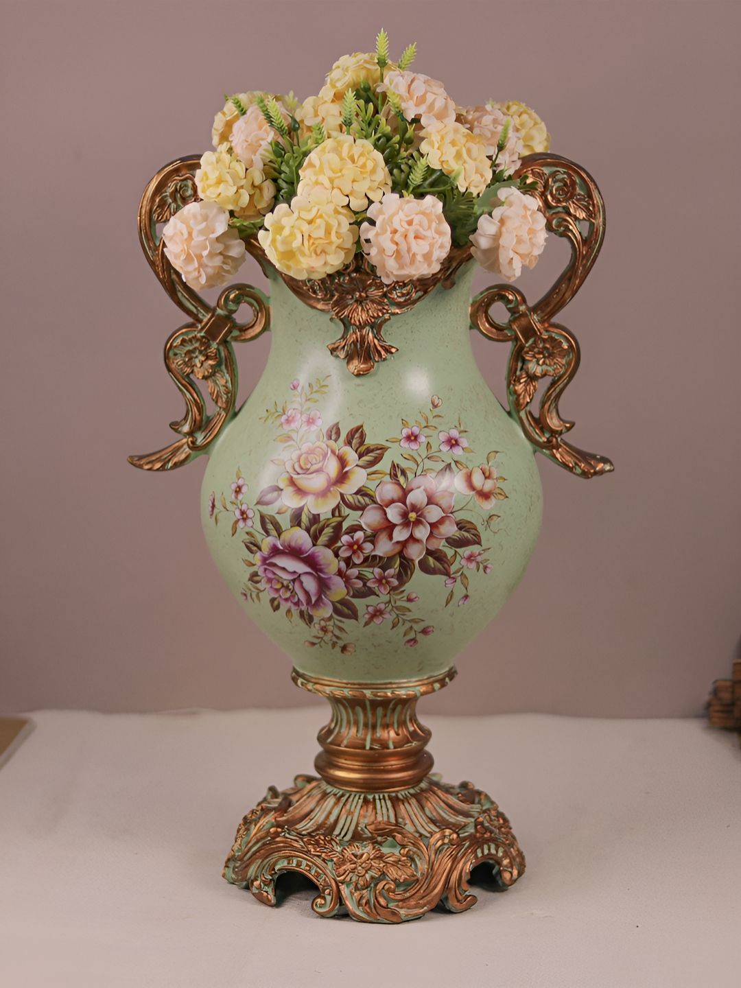 DECOR BAE Light-Green & Pink Floral-Printed Trophy-Shaped Vase