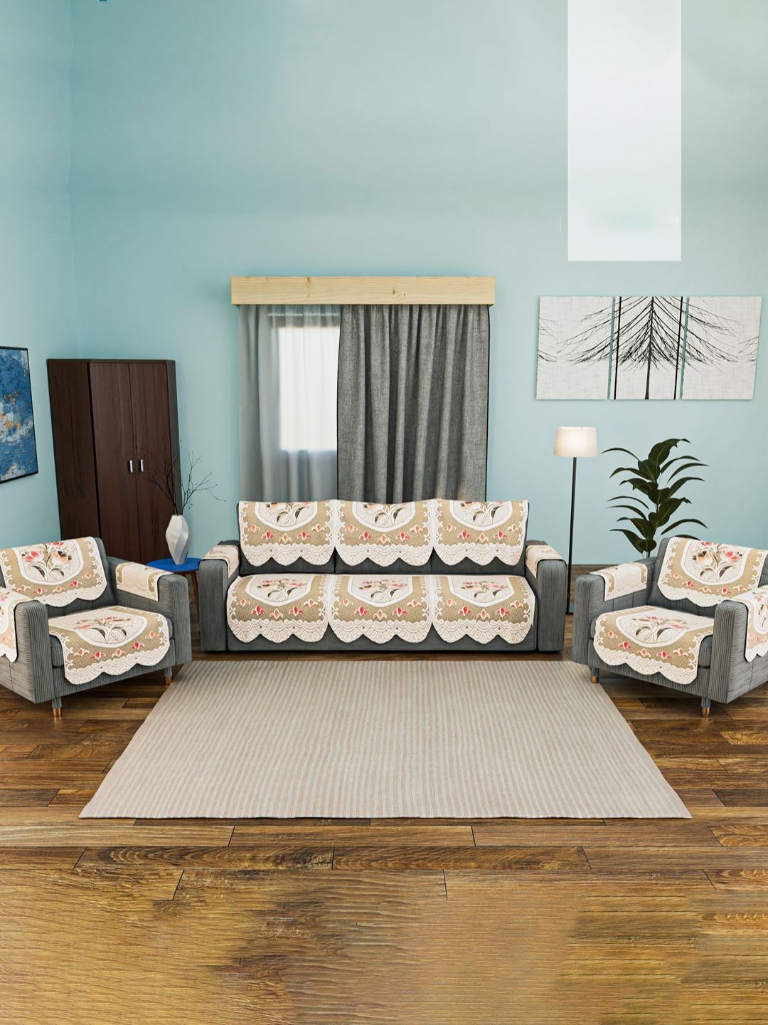 Myntra Elegant Homes Cream-Coloured 16 Pieces Self Design Cotton Sofa Covers & Arms-picture-32