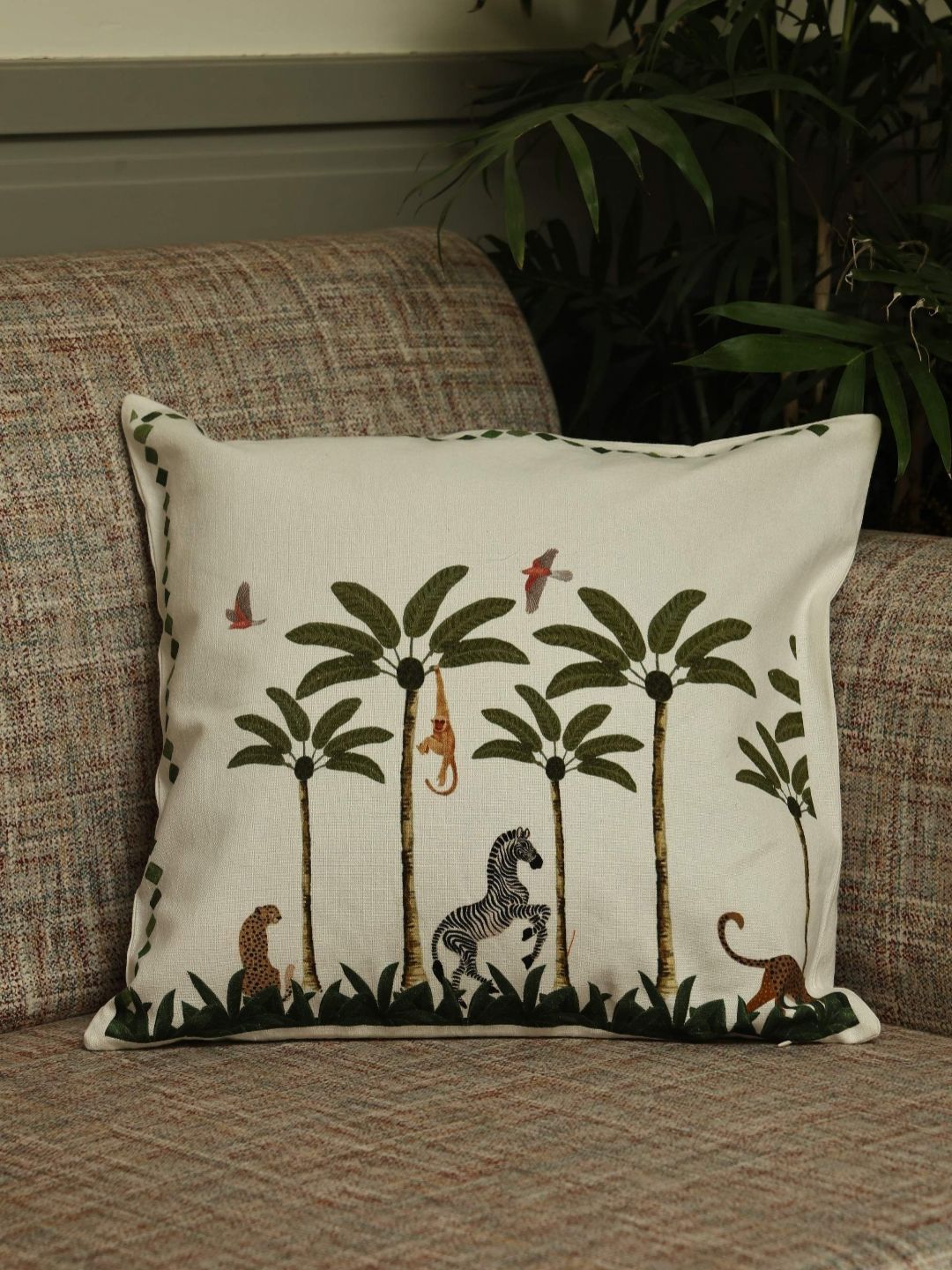 Crown of Poppies Tropical Jungle Green & White Printed Square Cushion Covers-image-17