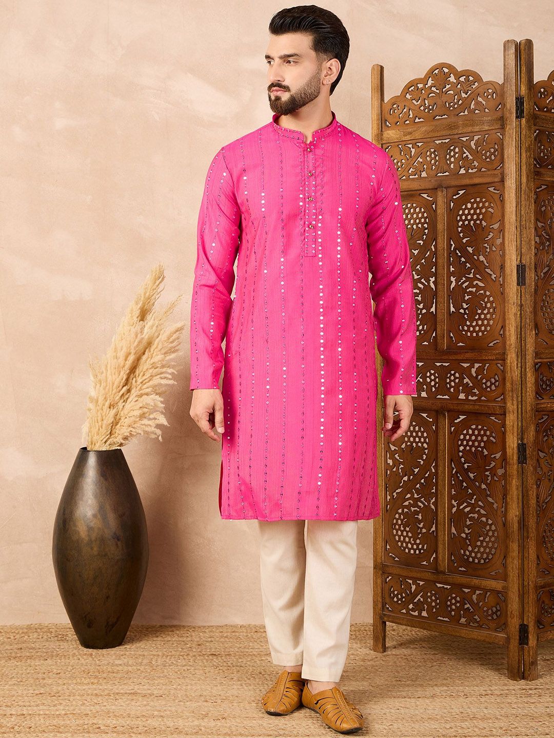 House of Pataudi Men Embroidered Sequinned Mandarin Collar Straight Kurta-picture-49