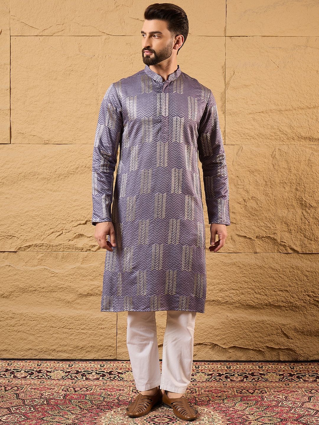 Ethnic Bay Chevron Embroidered Mandarin Collar Thread Work Straight Kurta-picture-55
