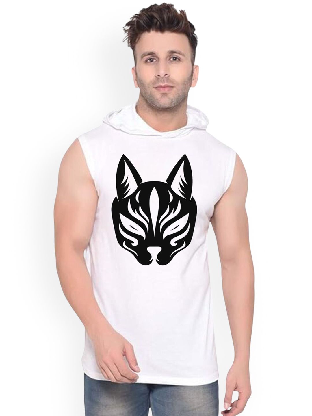 Fashnobic Cat Face Printed Hooded Gym Vest - K__Print-162_gym_vest White M-picture-20