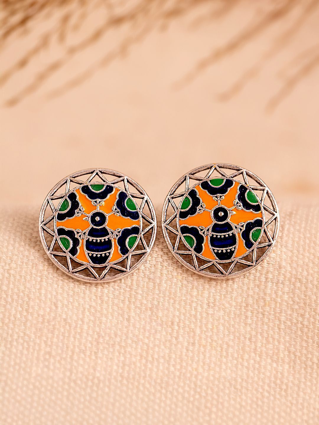 Voylla Silver-Plated Circular Shaped Enamel Studs Earrings-picture-16
