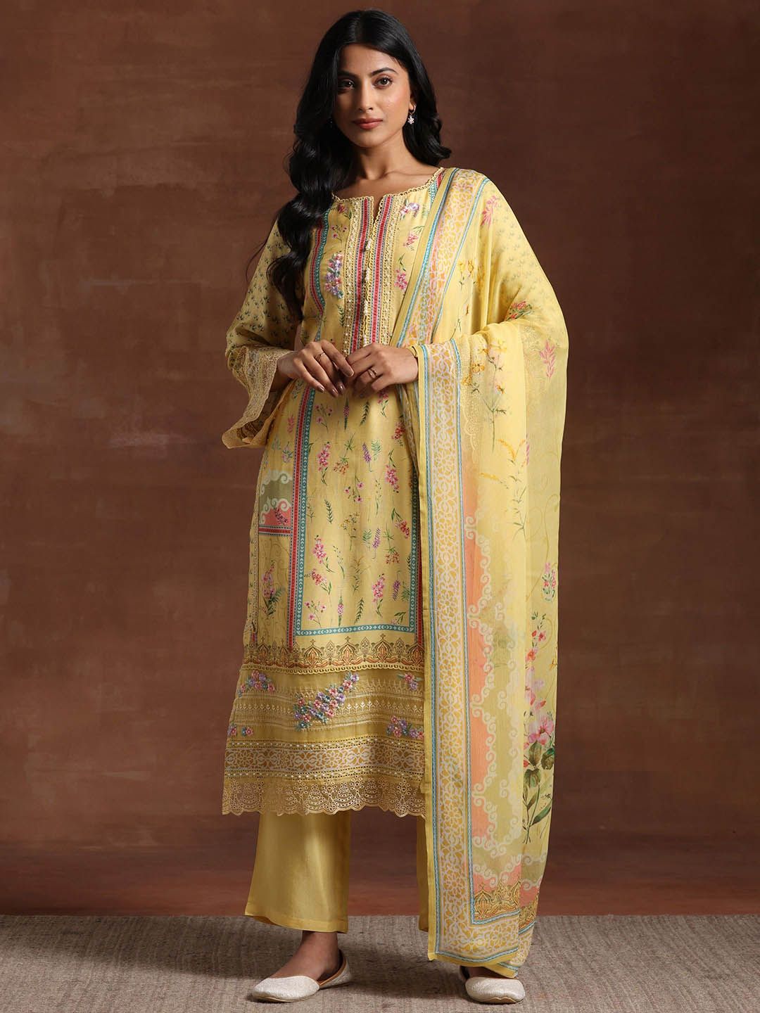 Libas Floral Printed Notch Neck Beads And Stones Straight Kurta With Palazzos And Dupatta-image-3