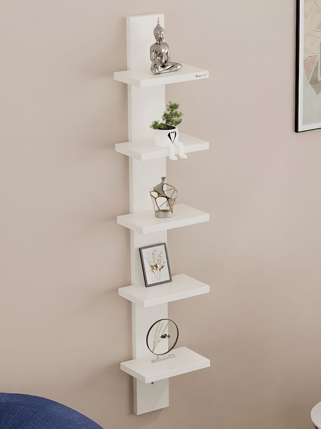 bluewud Louis White 5 Shelves Wooden Wall Shelf