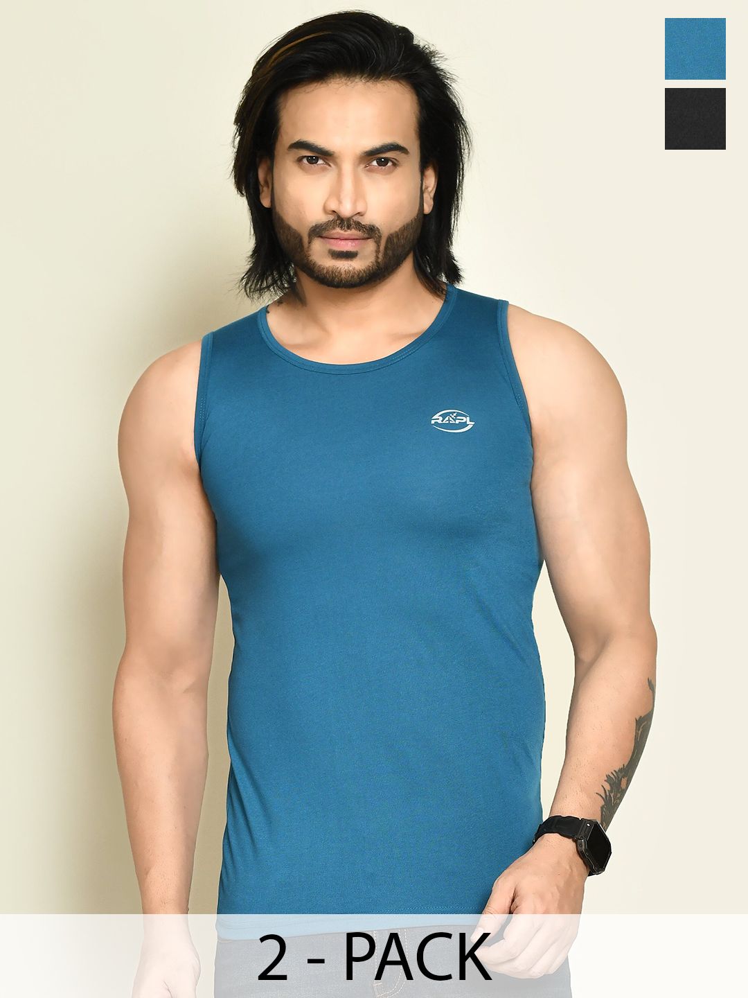RAPL Pack Of 2 Round Neck Tank Vests M_SDP2_Blk-Trqs_S-picture-27