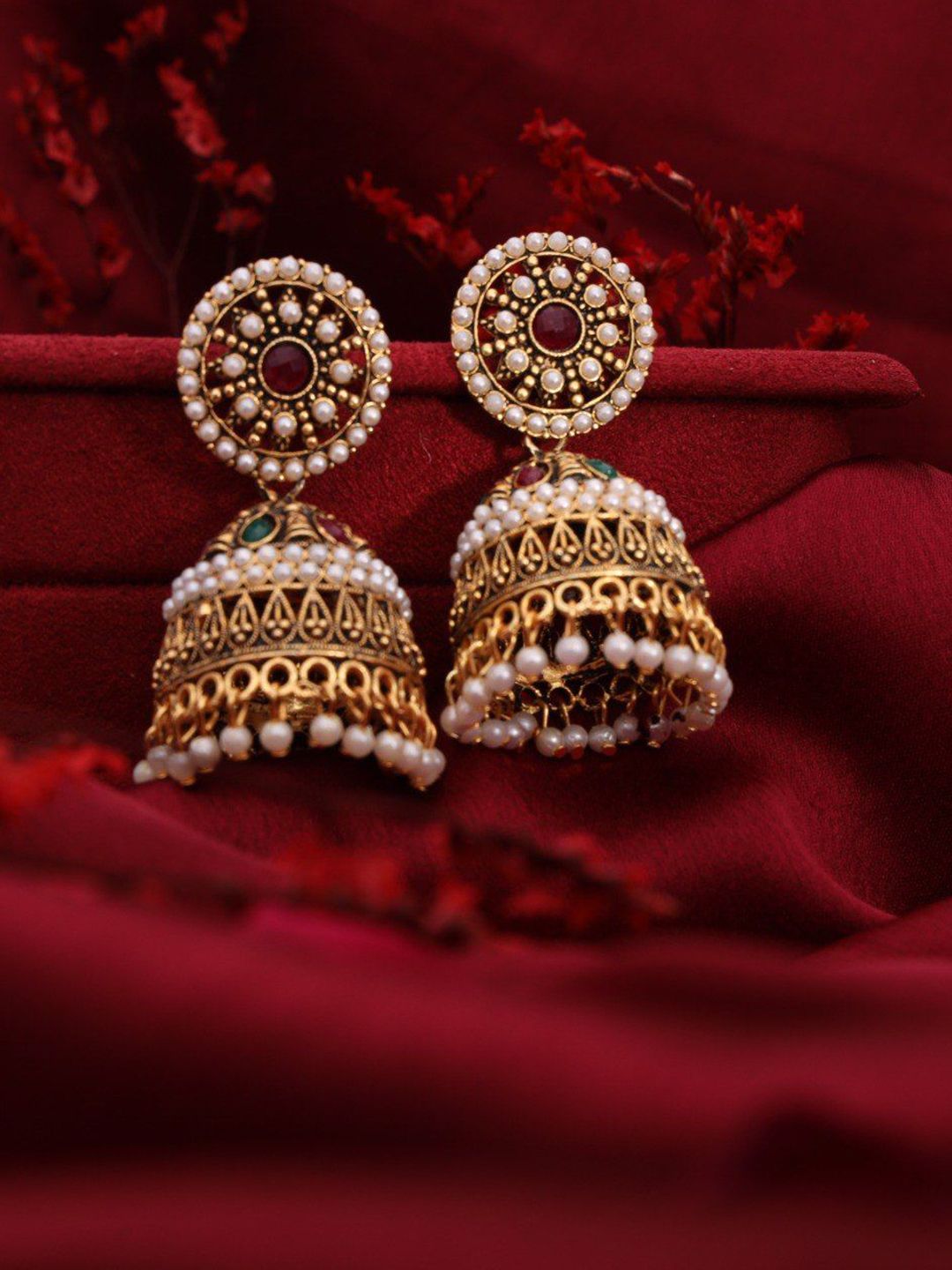 Anouk Gold Plated Artificial Stones Studded And Beaded Dome Shaped Jhumkas-image-13