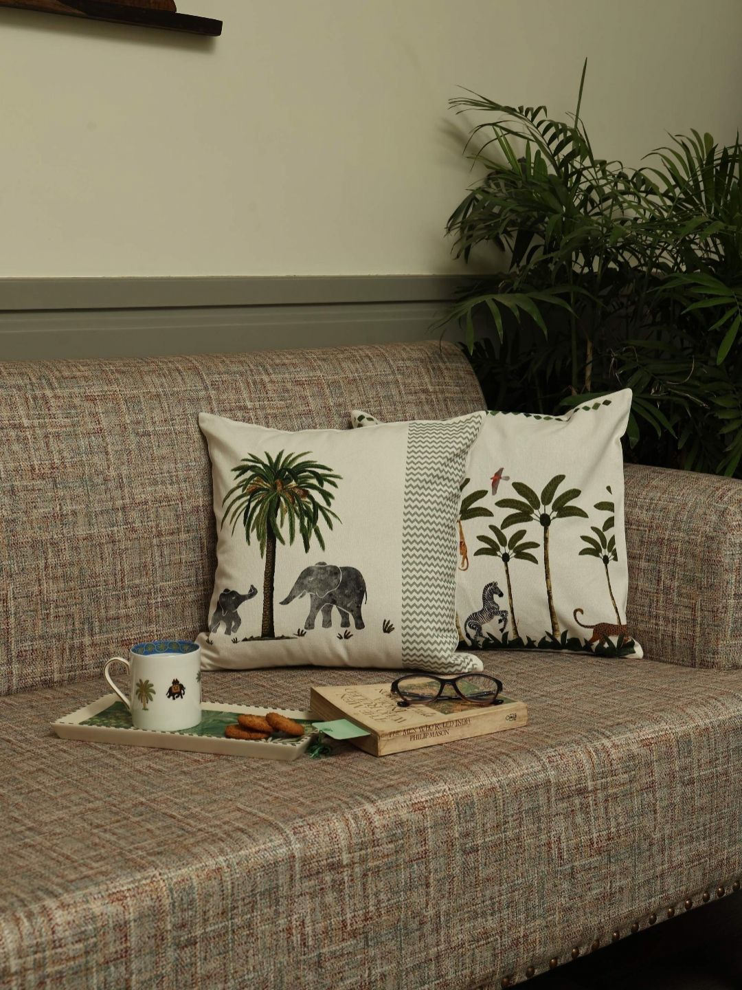 Crown of Poppies Tropical Jungle Green & White 2 Pieces Printed Square Cushion Covers-image-49