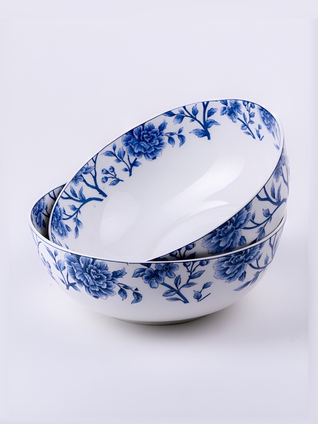 GOLDEN QUEEN'S White 2 Pieces Printed Ceramic Microwave Safe Sapphire Bloom Serving Bowl-picture-29