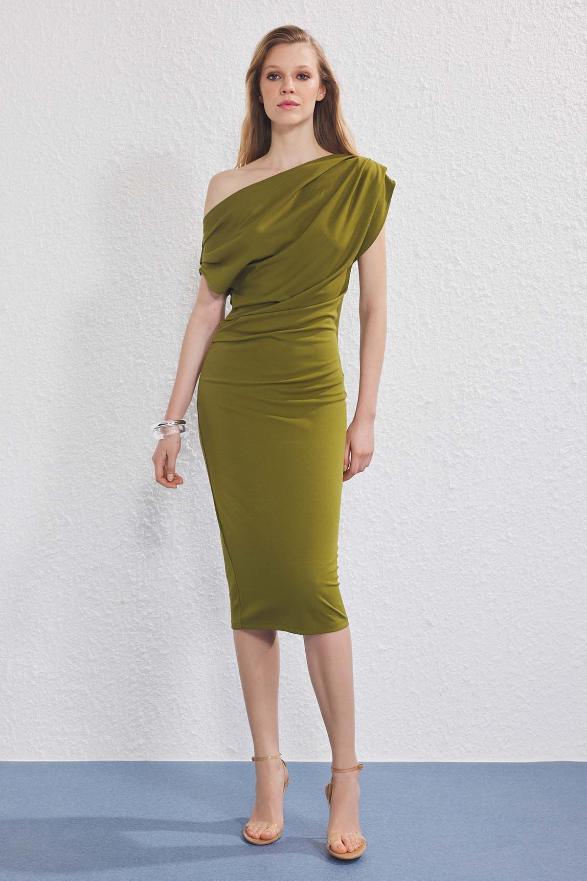 Trendyol Women Off-Shoulder Puff Sleeve Sheath Midi Dress-picture-23