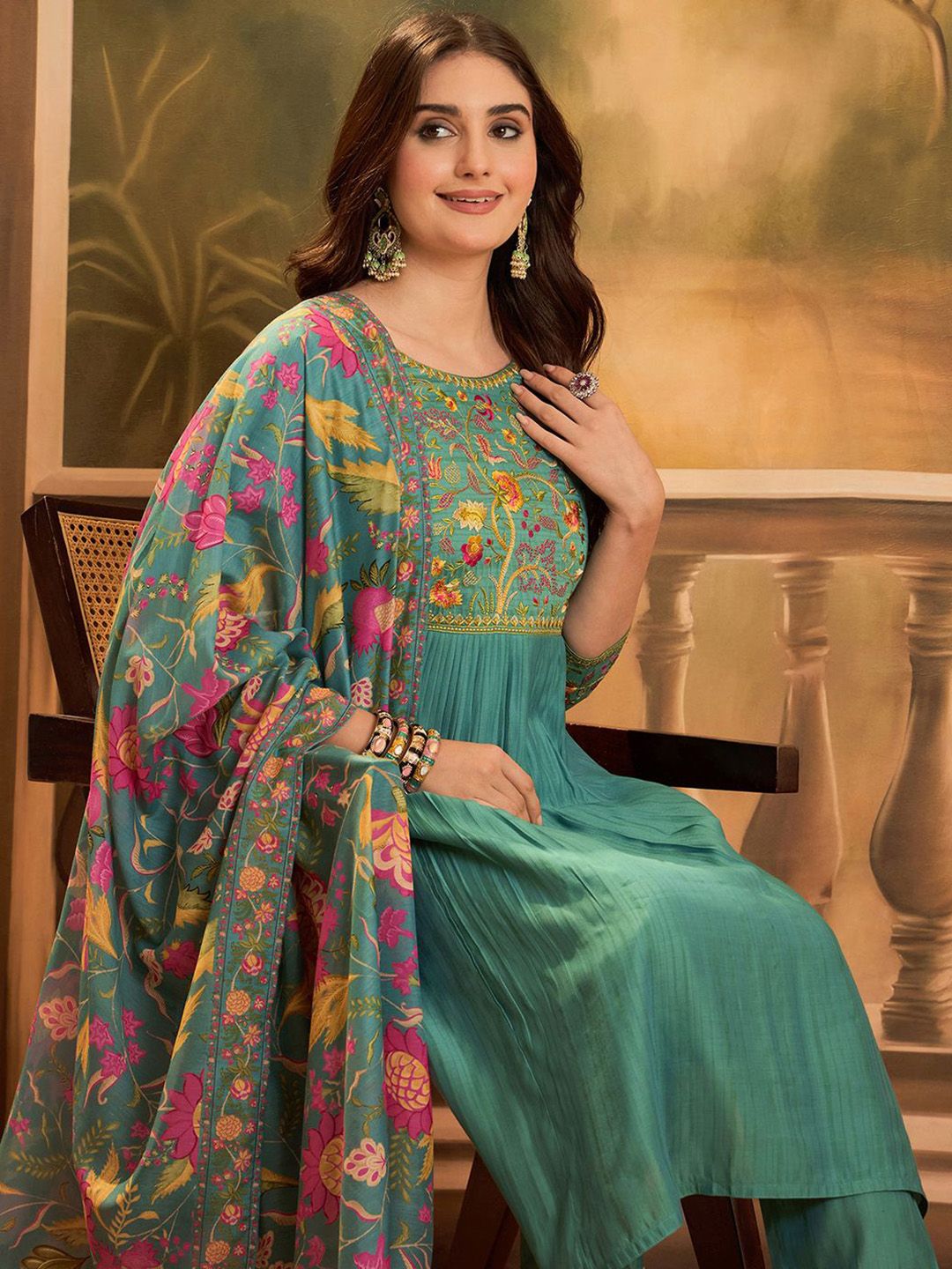 Sangria Women Sequin Embroidered Straight Kurta & Trousers With Dupatta