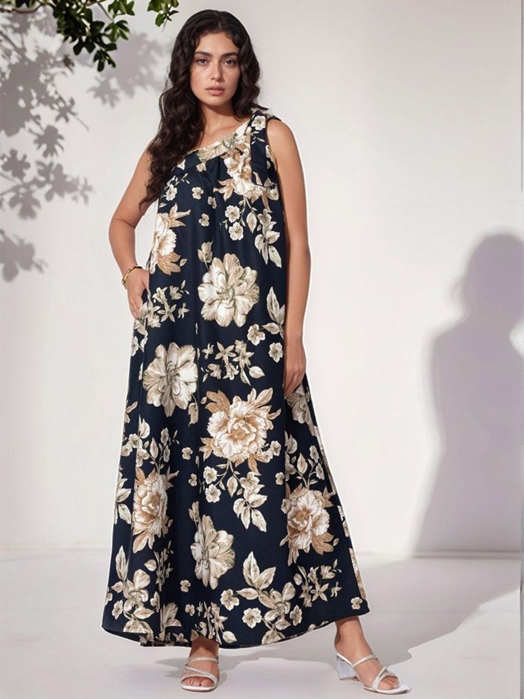 Fashfun Floral Printed One Shoulder Linen Fit & Flare Maxi Dress-picture-24