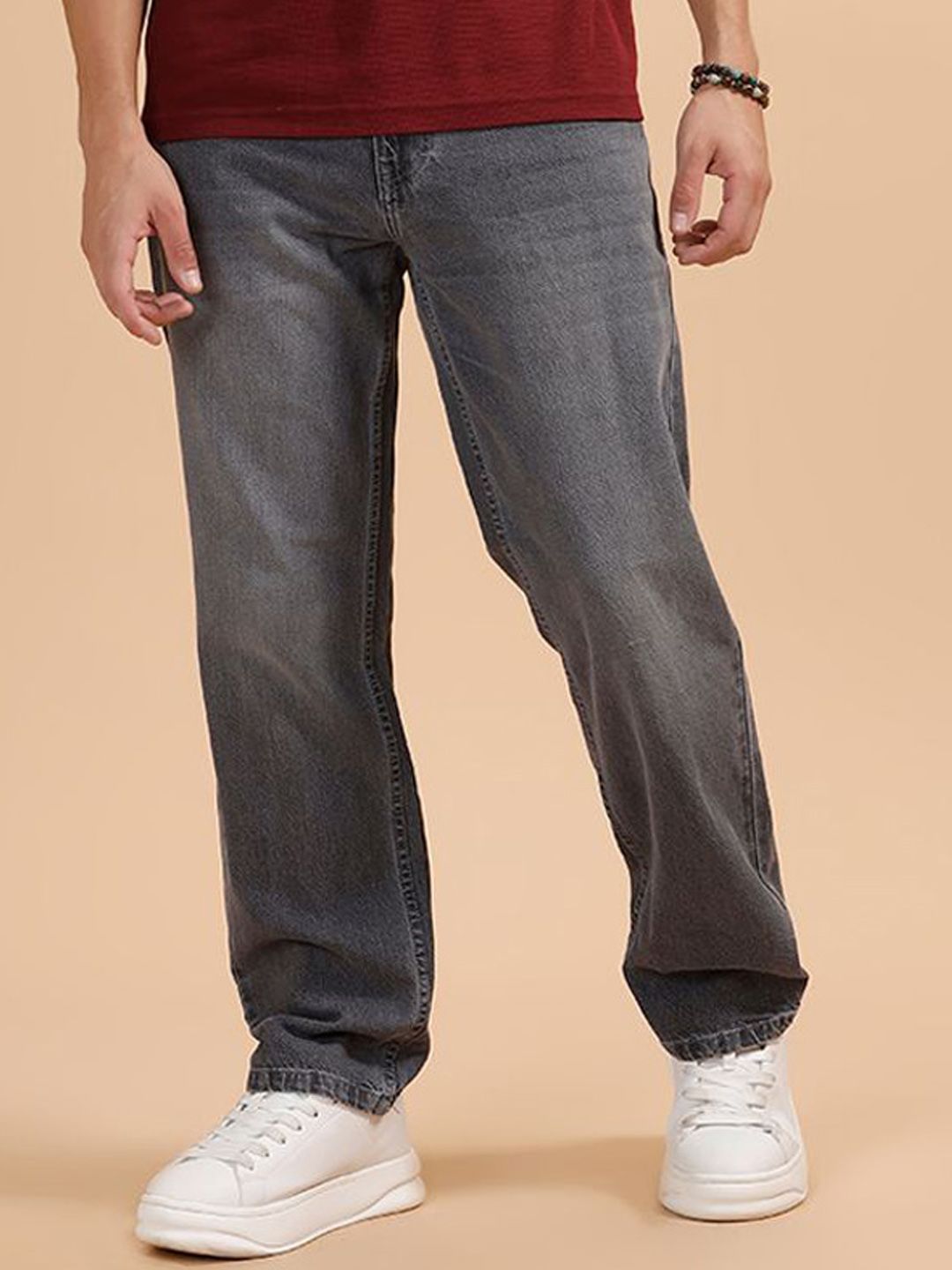 WROGN Men Comfort Relaxed Fit Mid-Rise Low Distress Light Fade Jeans-picture-38
