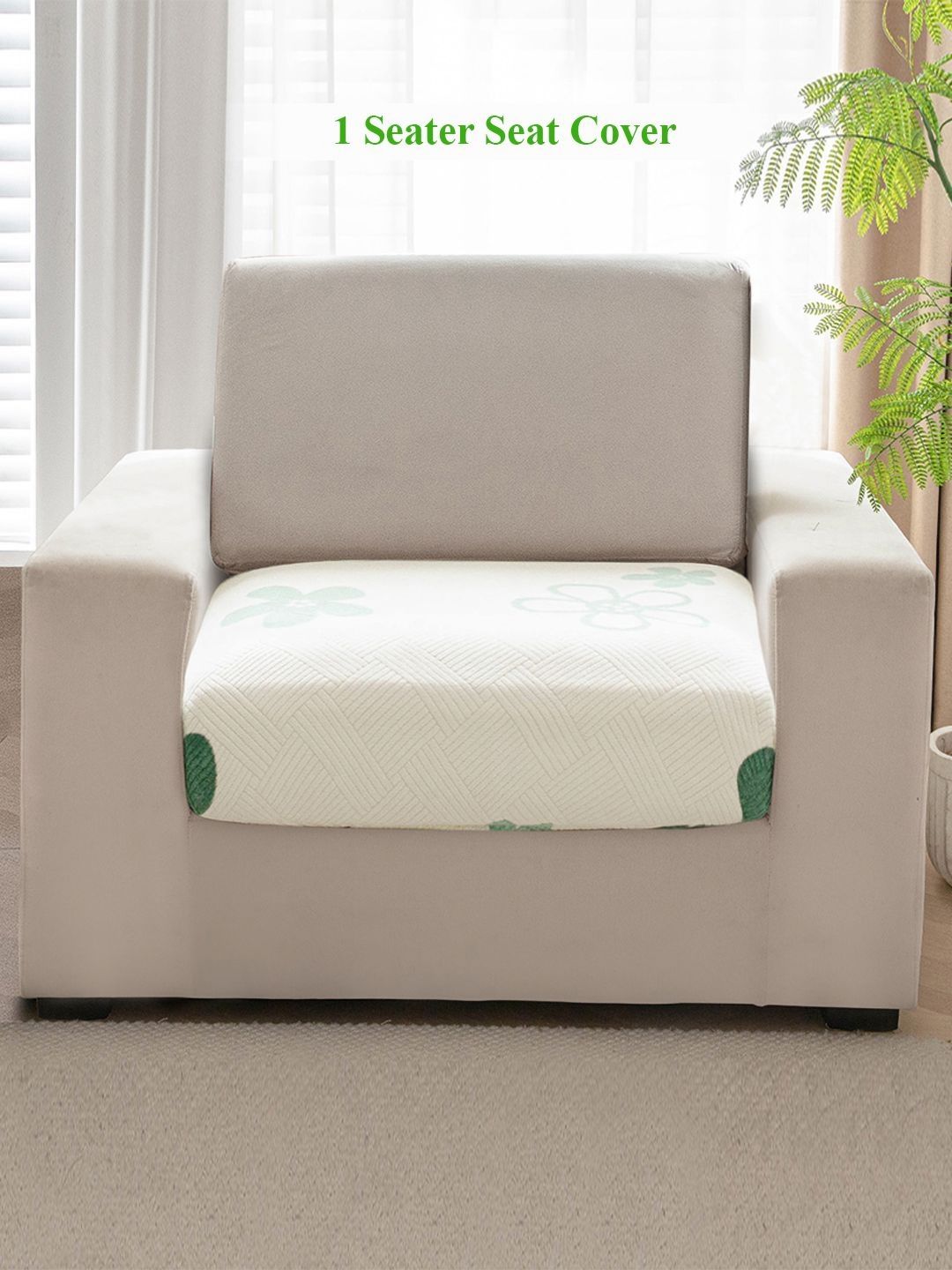 HOKIPO Green & White Floral Printed Fleece 1 Seater Sofa Seat Cover-picture-14