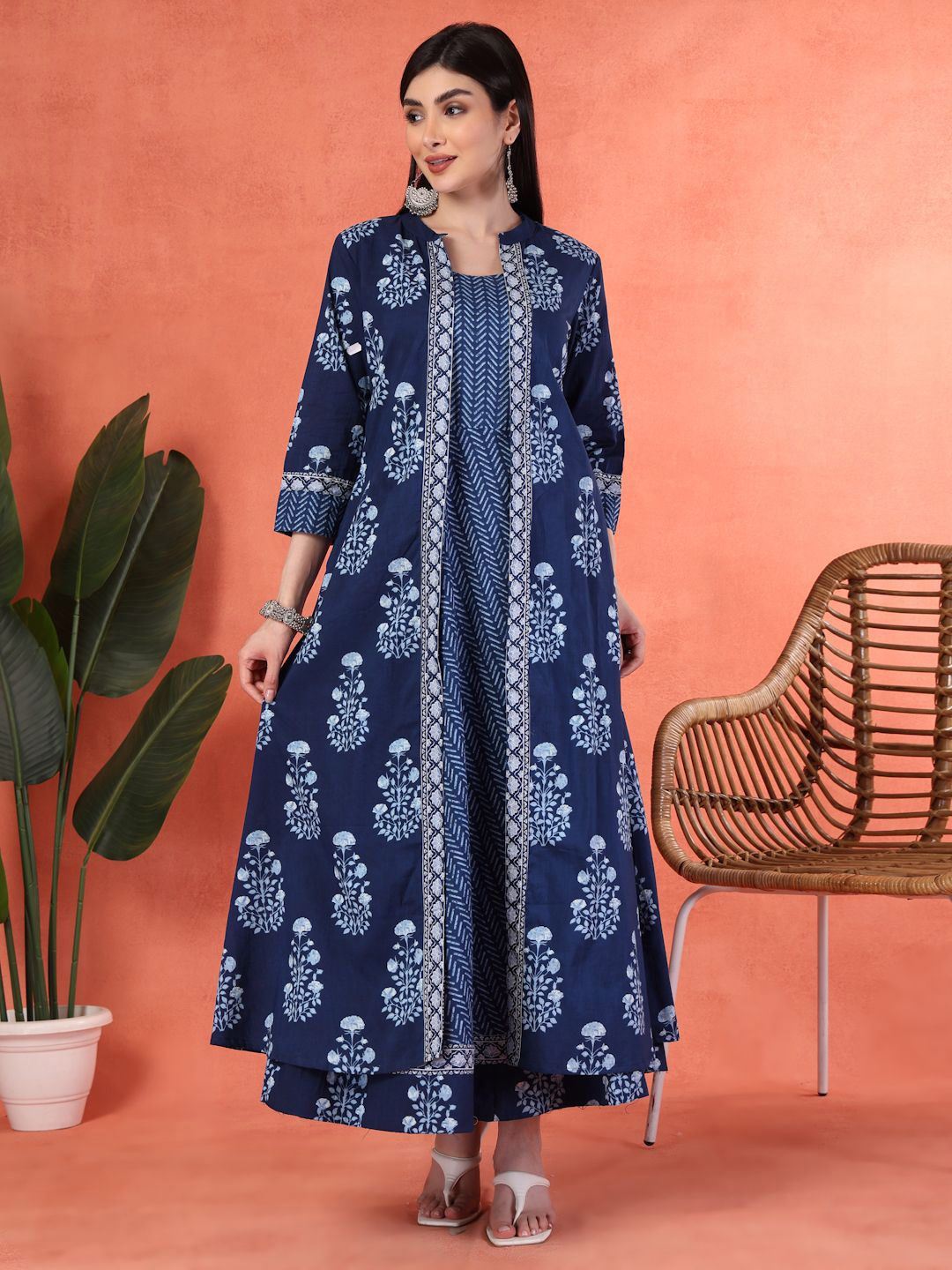 Shangri LA MS Designs Printed Indigo Cotton Fit & Flare Maxi Dress With Jacket-picture-40