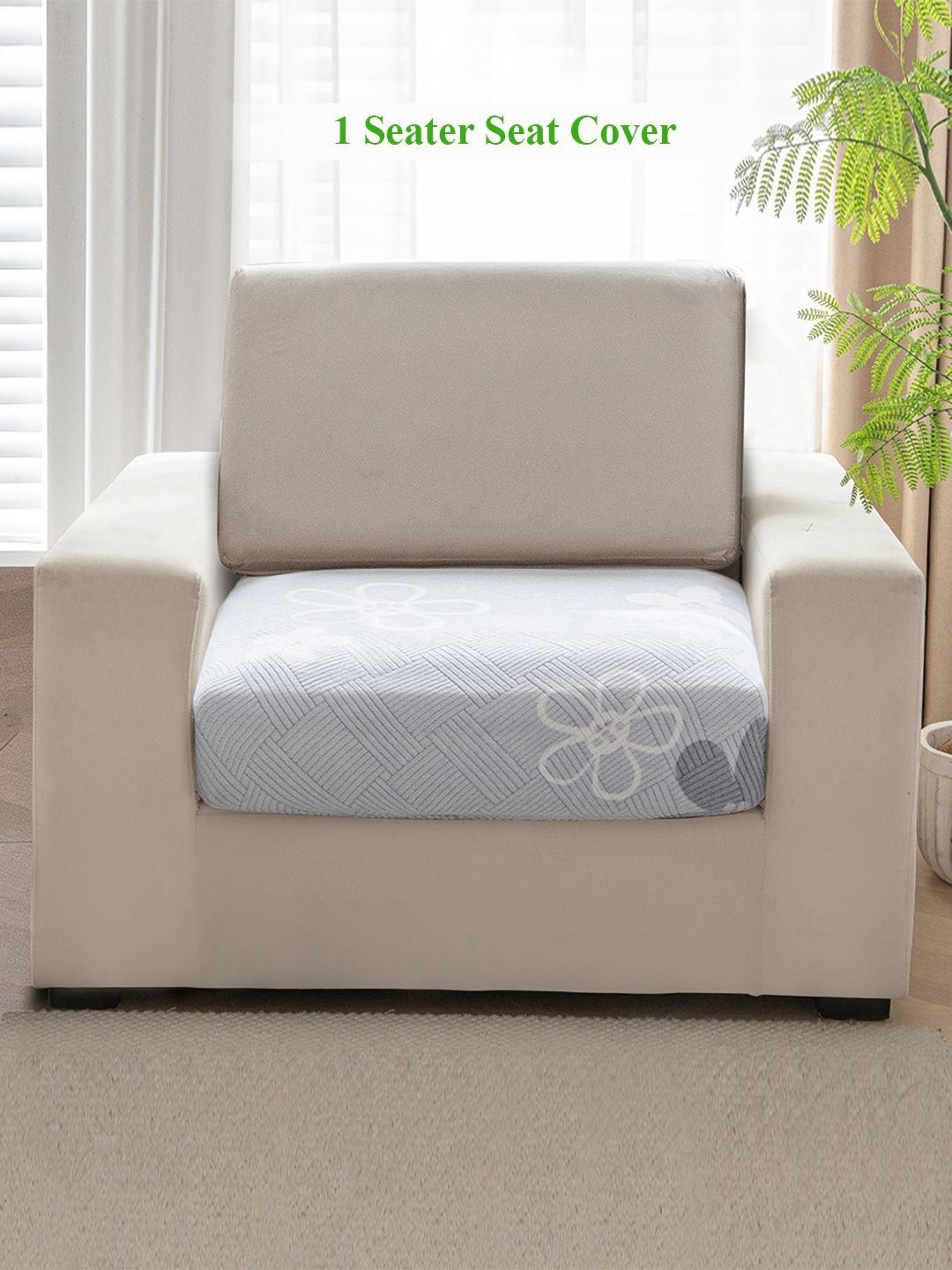 HOKIPO Blue & White Floral Printed Fleece 1 Seater Sofa Seat Cover-picture-26