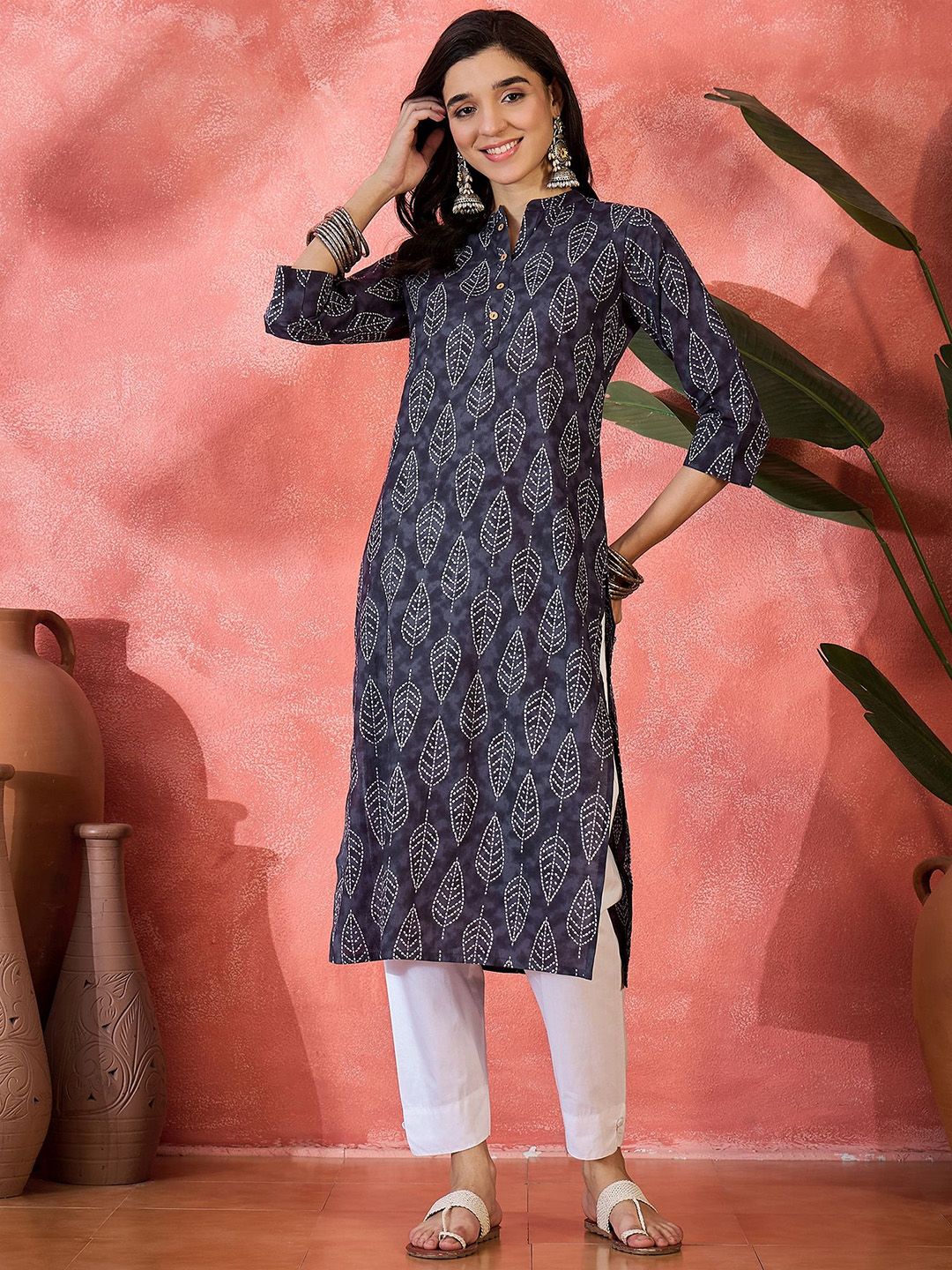 Sangria Floral Printed Mandarin Collar Pure Cotton A-Line Kurta-picture-36
