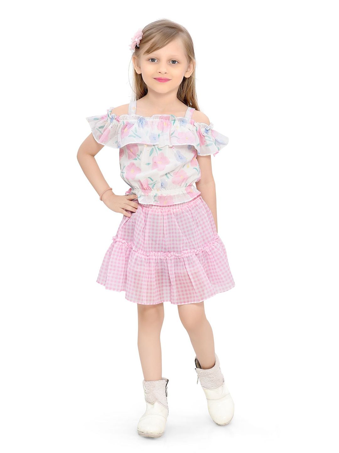 Be Kids Girls Printed Off-Shoulder Top With Skirt-picture-37